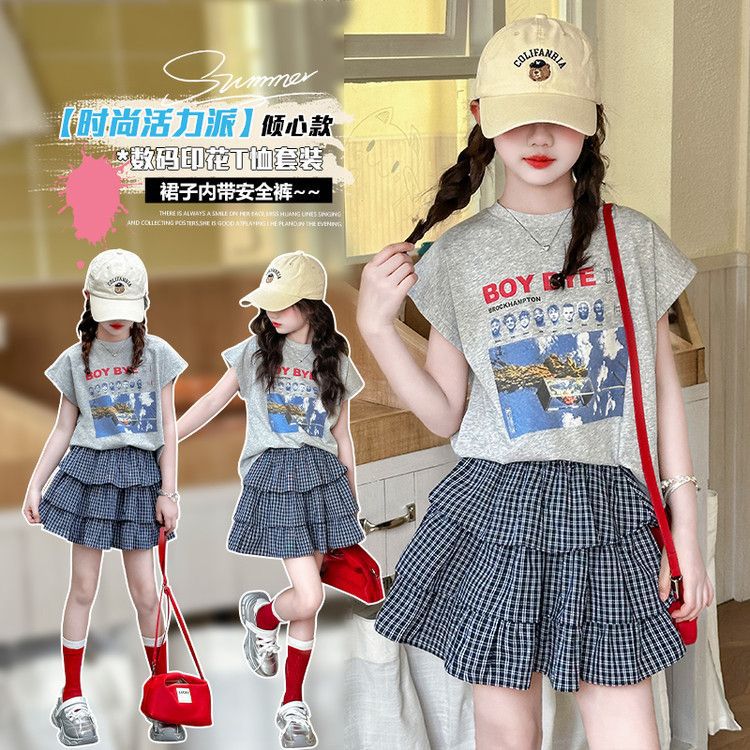 Girls Korean Letter Plaid Skirt Summer Set