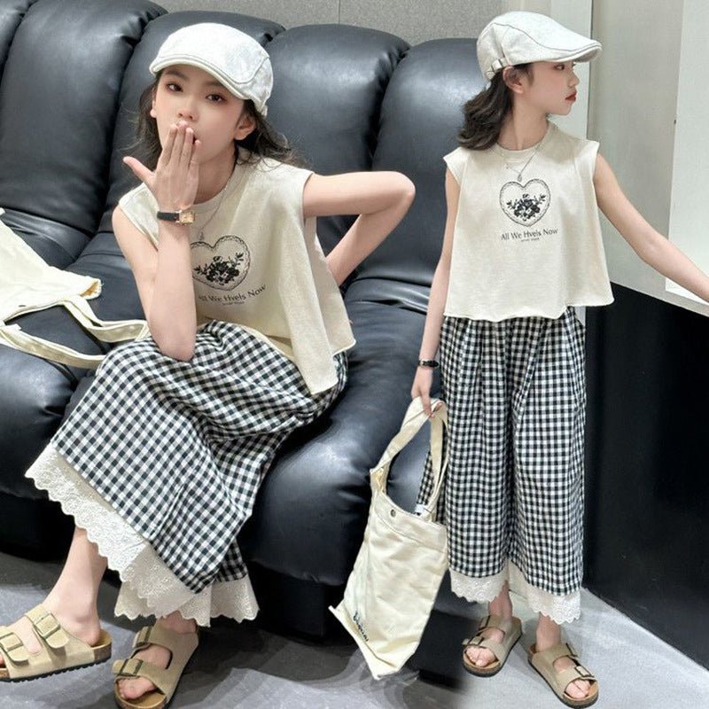 Girls Korean Plaid Pants Summer Two-Piece Set
