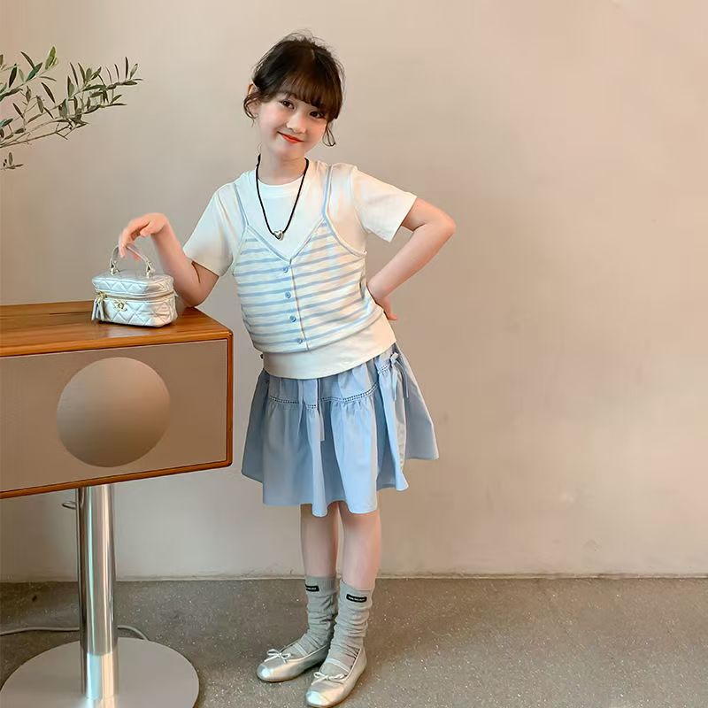 Girls Striped Skirt Summer Two-Piece Set