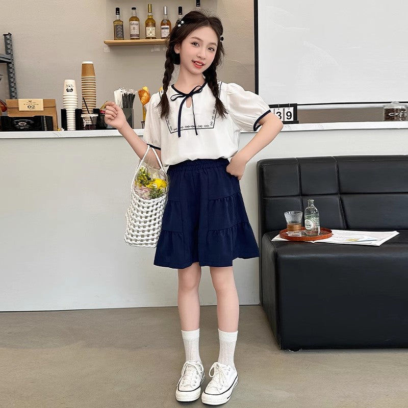 Girls Puff Sleeve Pants Summer Two-Piece Set