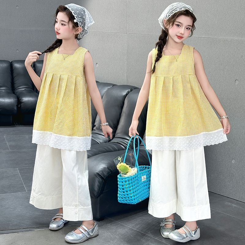 Girls Plaid Vest Wide-Leg Summer Set