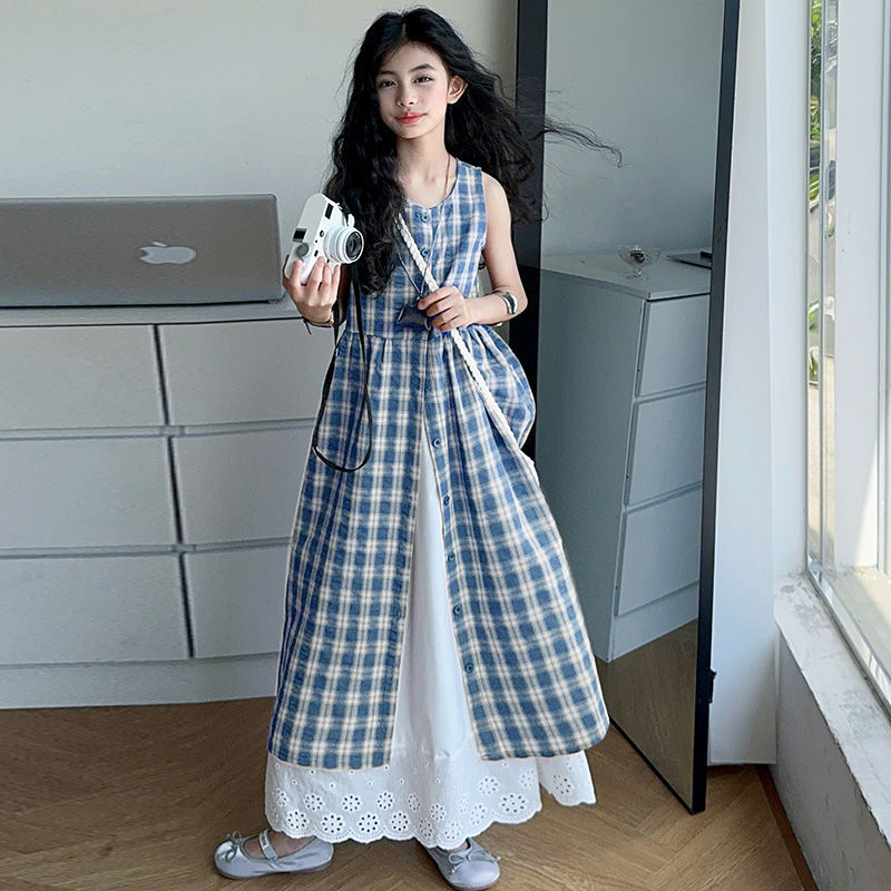 Girls Plaid Blouse Skirt Summer Two-Piece Set