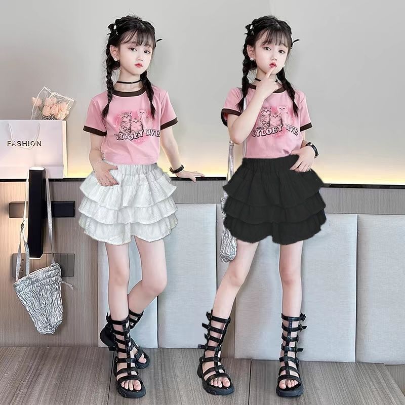 Girls Cartoon Letter Skirt Summer Set