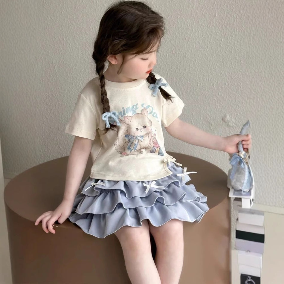 Girls Cartoon Bow Skirt Summer Two-Piece Set