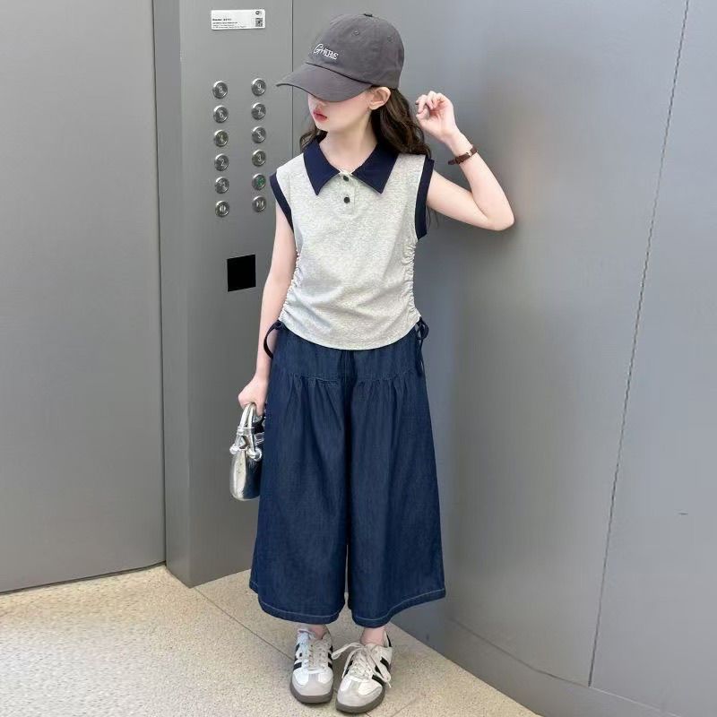 Girls Color-Block Lapel Pants Summer Set