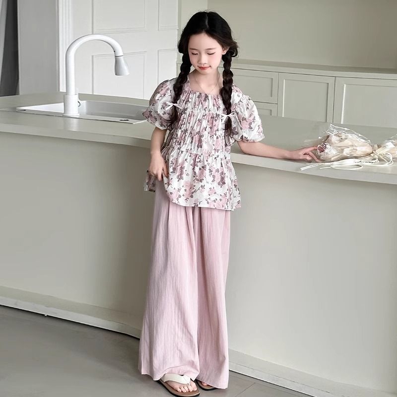 Girls' Korean Fashion Floral Suit, Big Children's Summer New Style Puff Sleeve Top and Wide-Leg Pants Two-Piece Set