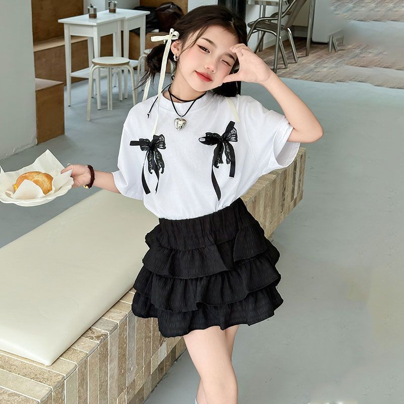 Girls Bow Print Skirt Summer Two-Piece Set