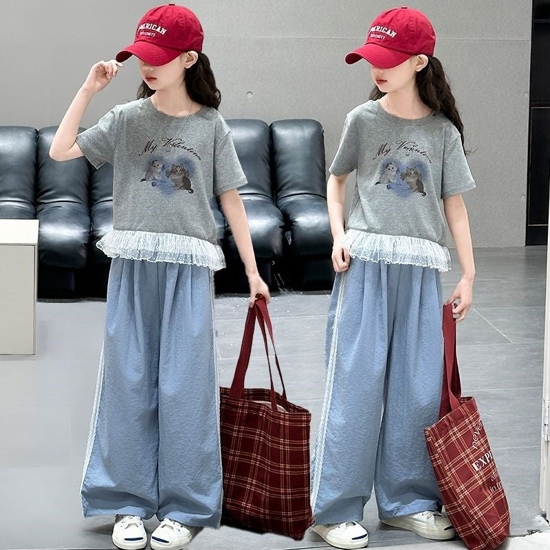 Girls Lace Trim Wide-Leg Summer Set