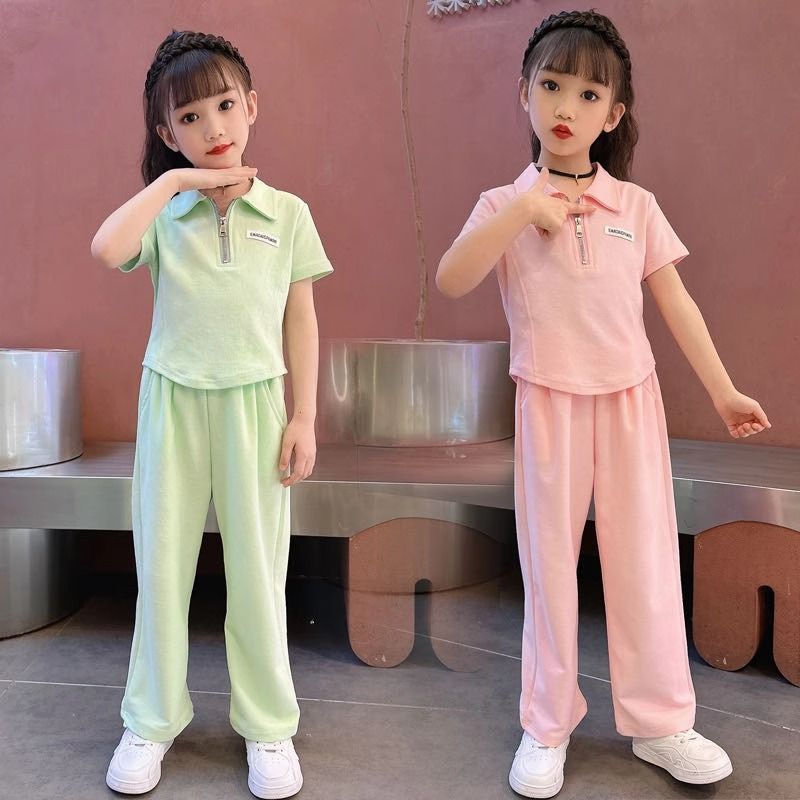 Girls Collar Wide-Leg Pants Summer Set