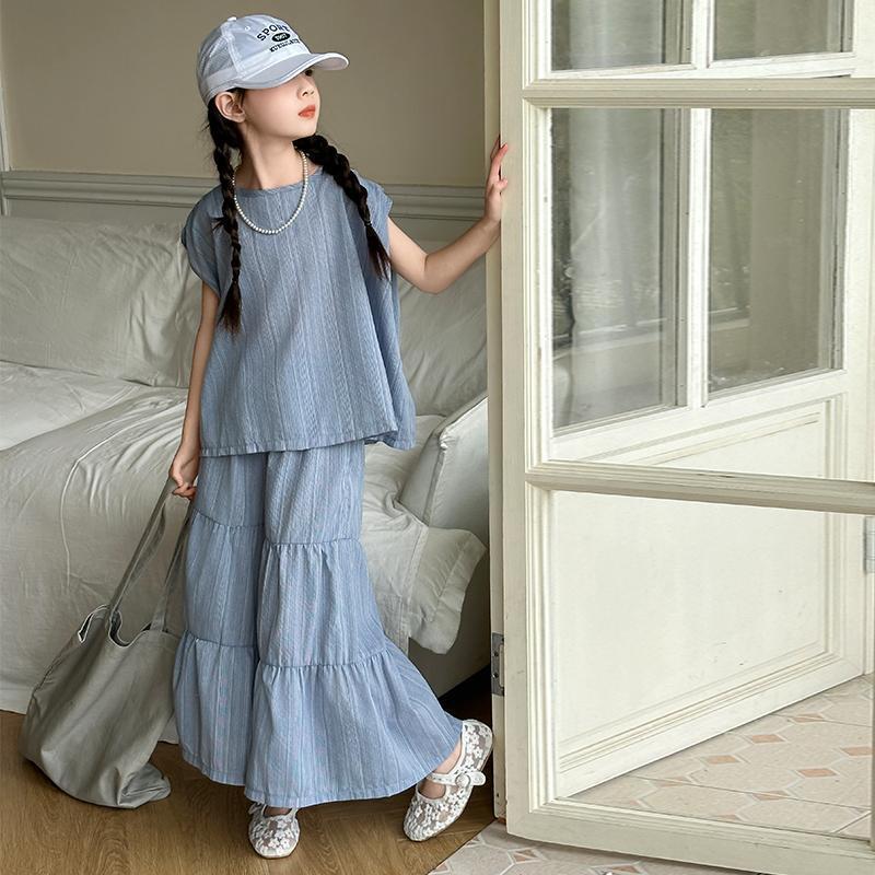 Girls Solid Sleeveless Pants Summer Set