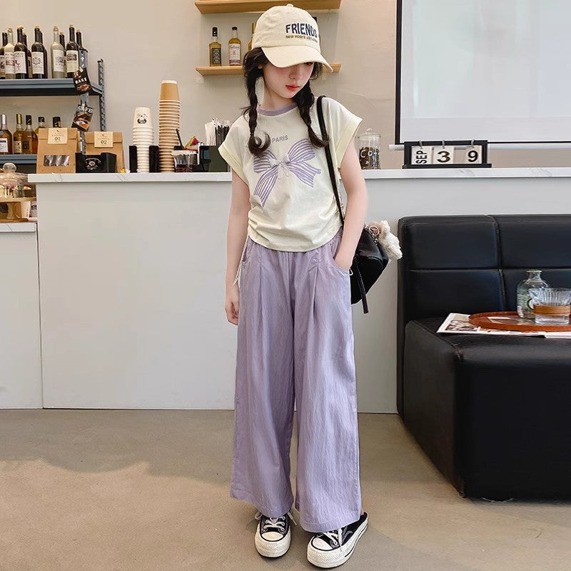 Girls Bow Wide-Leg Pants Summer Two-Piece Set