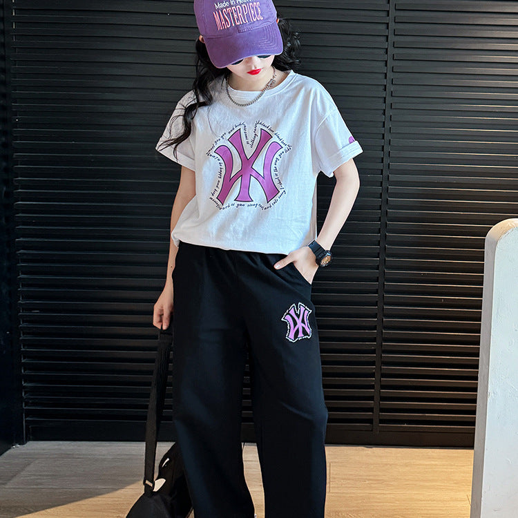Girls Letter Straight Pants Summer Set