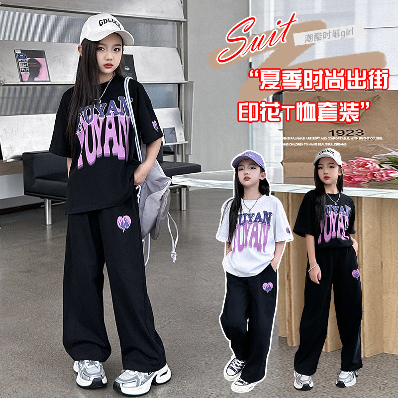 Girls Letter Sports Pants Summer Set