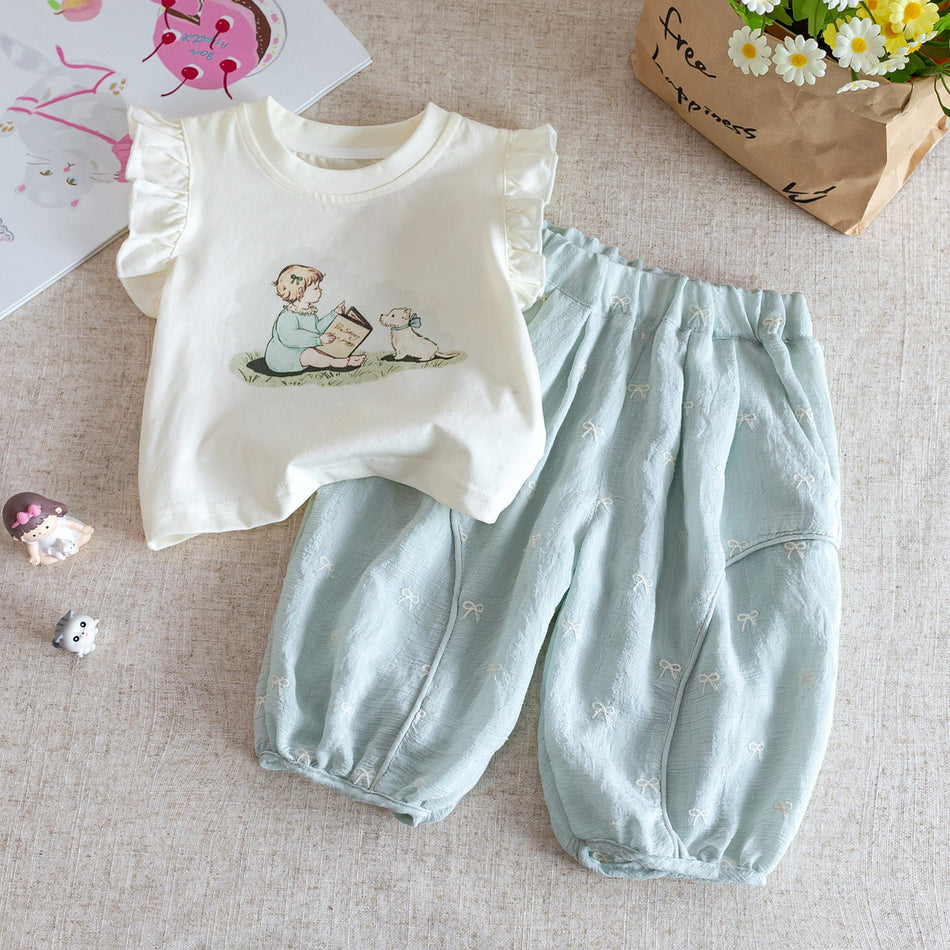 Baby Girl Flying Sleeve Set – Cute Bow Two-Piece