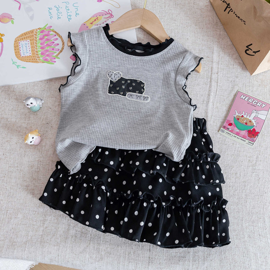 Baby Girls Korean Summer Vest Top & Polka Skirt Set