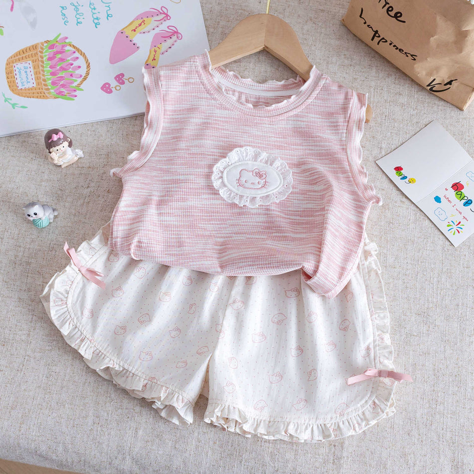 Girls Summer Lace Vest Top & Printed Shorts Set