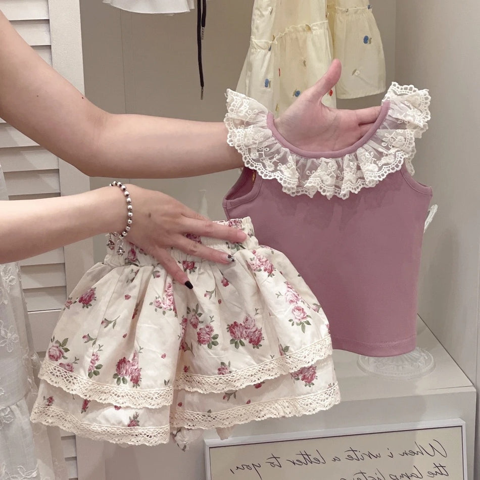 Baby Girls Floral Lace Vest Skirt Set For Summer
