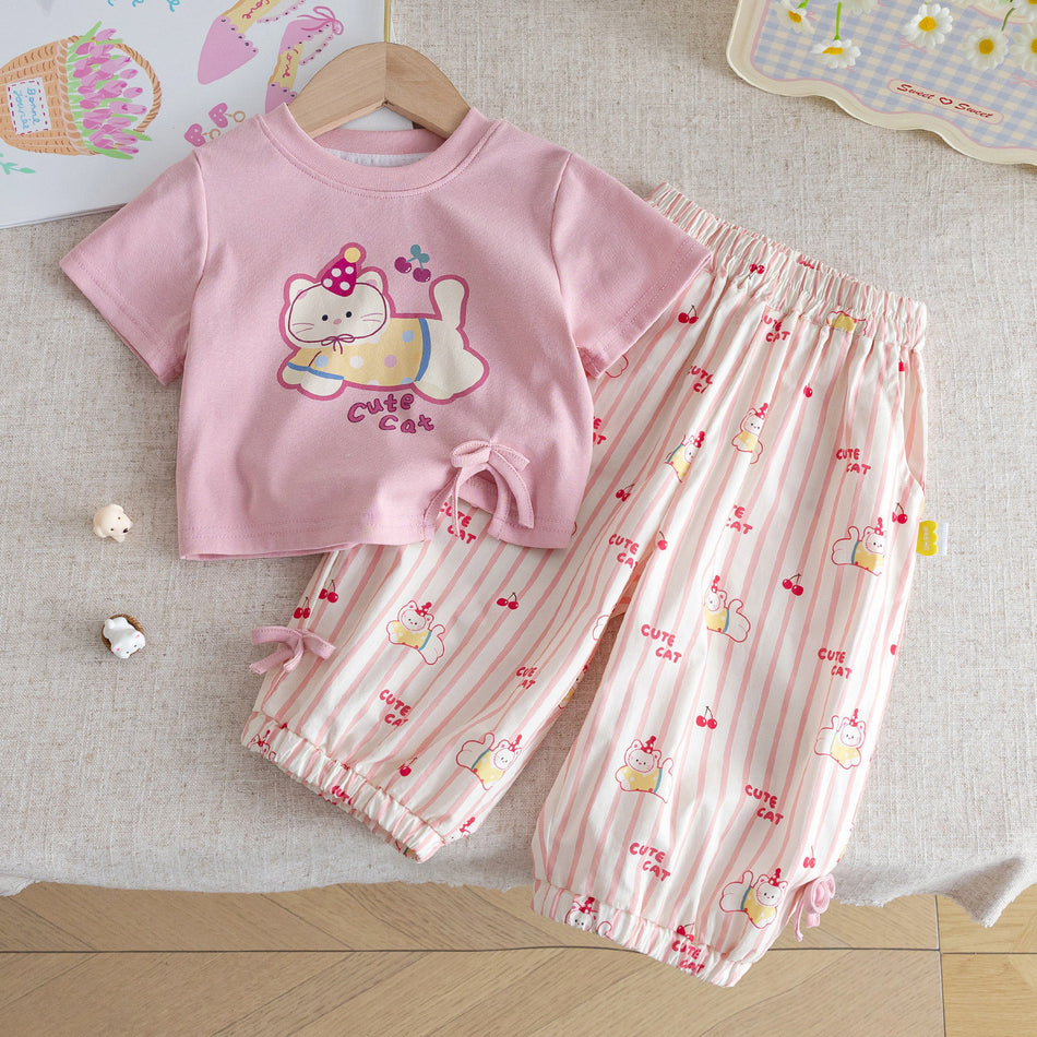 Baby Girls Cartoon Cat Summer Suit Set