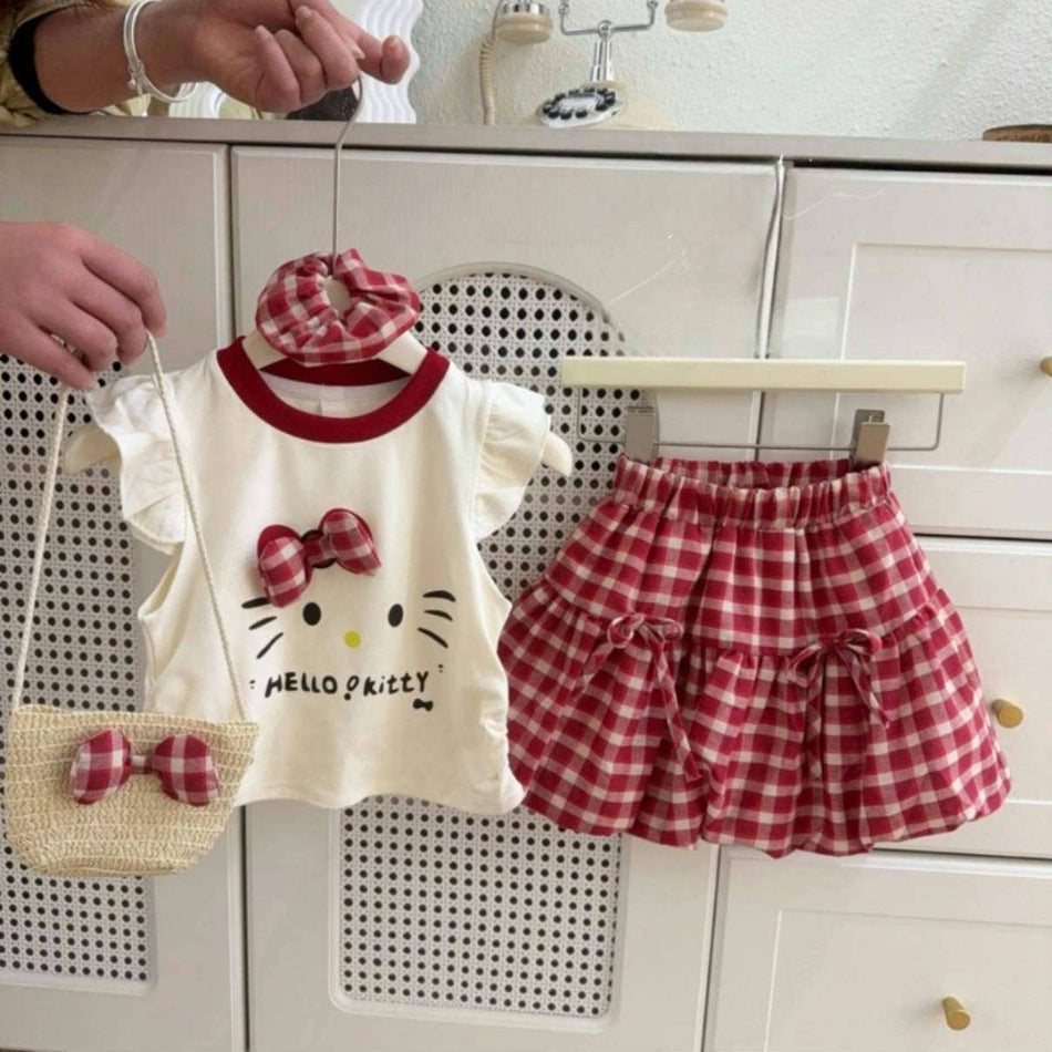 Baby Girls Cartoon T-Shirt & Plaid Flower Bud Skirt Set