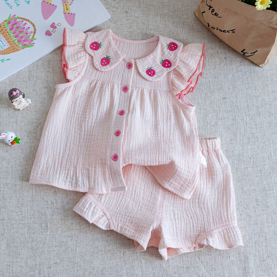 Baby Girls Korean Strawberry Lace Shirt & Shorts Set