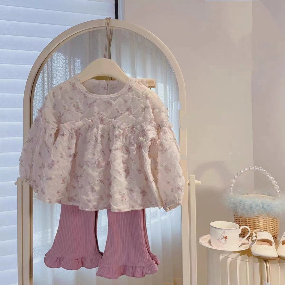 Baby Girls Korean Autumn Floral Top & Lace Pants Set