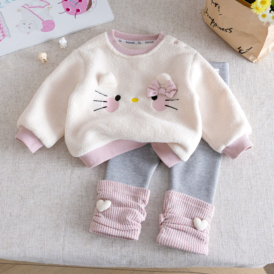 Baby Girls Cartoon Cat Fleece Winter Suit Set