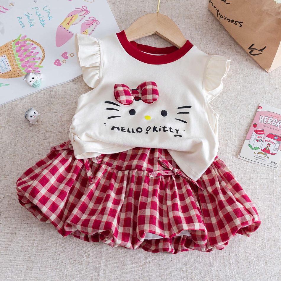 Baby Girls Cartoon Cat Top & Plaid Skirt Set