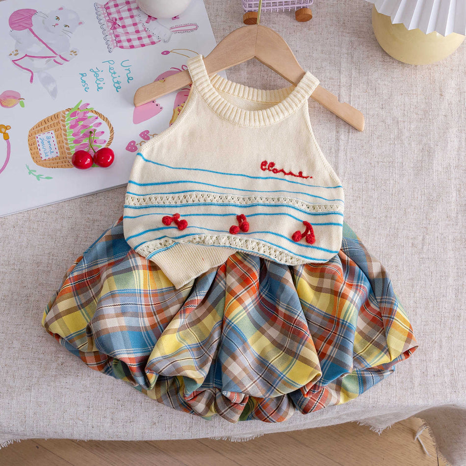 Baby Girls Cherry Camisole & Plaid Pants Set 2025 Summer