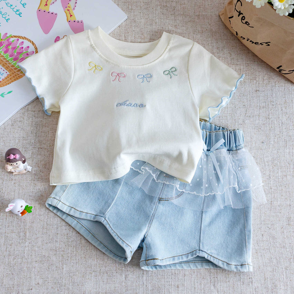 Baby Girls Korean Bow T-Shirt & Denim Shorts Set