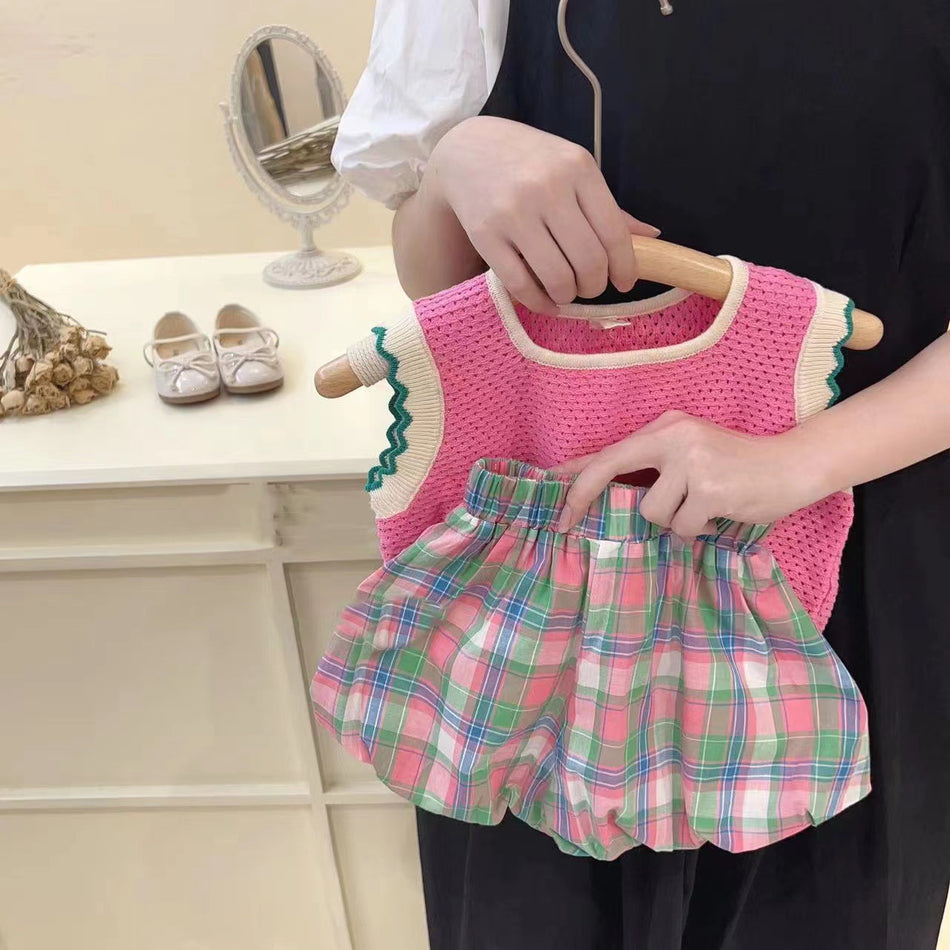 Baby Girls Pink Knit Vest & Plaid Shorts Set