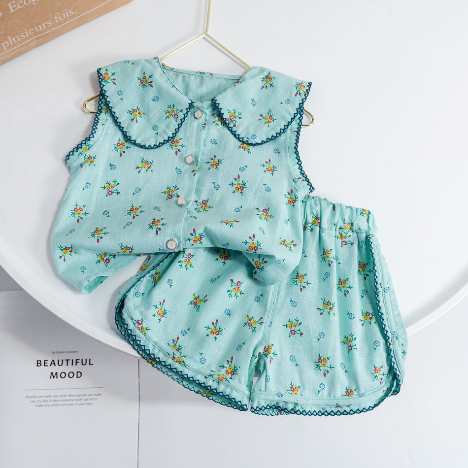 Baby Girls Korean Doll Collar Floral Shorts Set