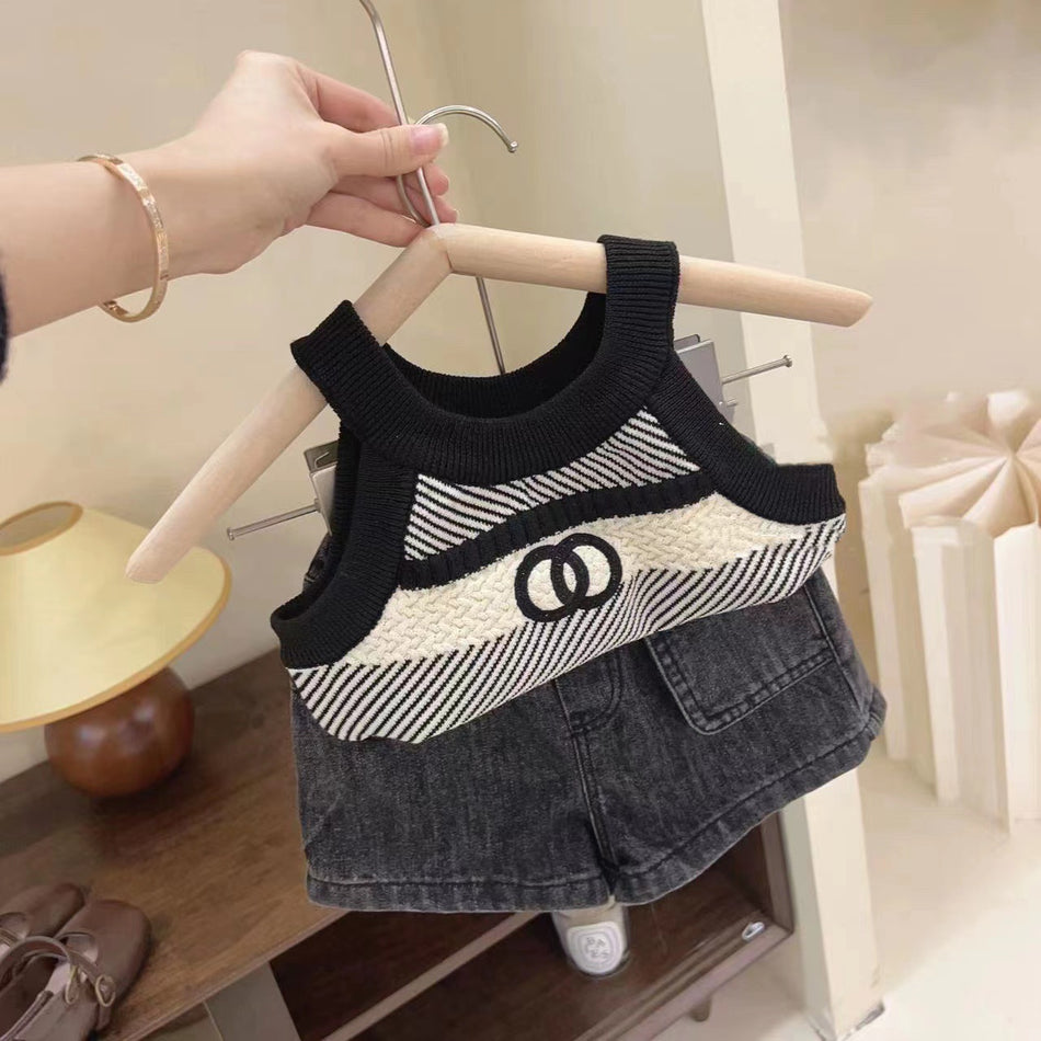 Baby Girls Striped Suspender Top & Denim Shorts Set