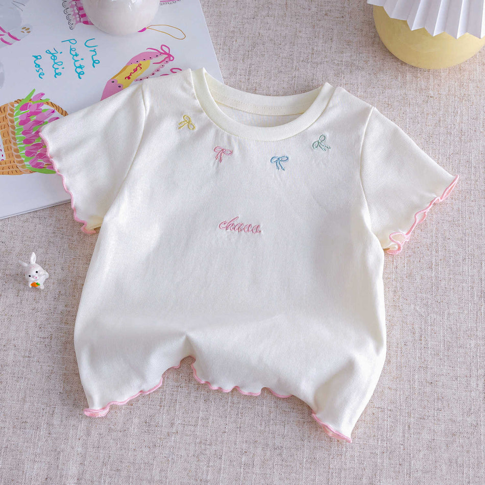 Girls Bow Embroidered T-Shirt – Stylish Summer Top