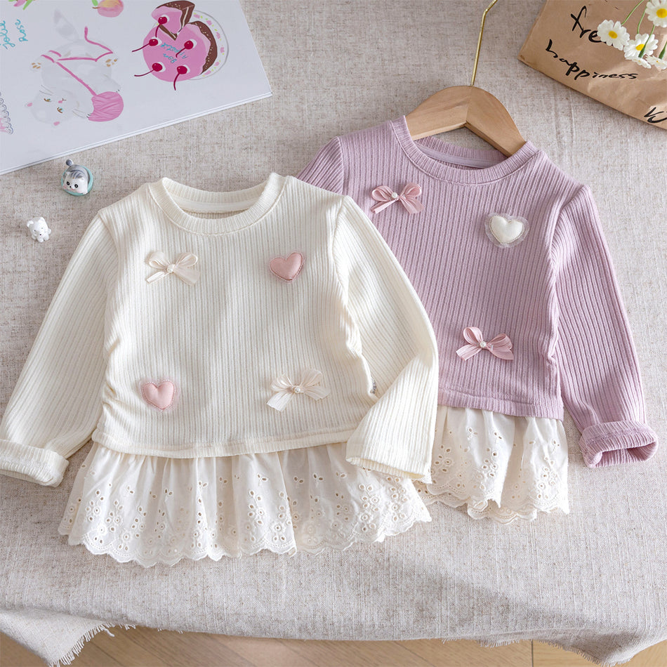 Girls Korean Bow Lace Long Sleeve Top – Sweet Style