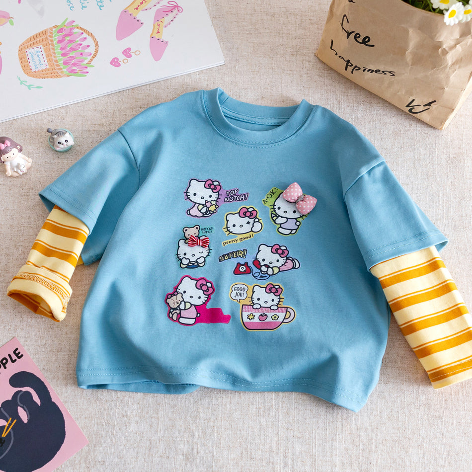 Girls Cartoon Faux Two-Piece Top – Long Sleeve T-Shirt