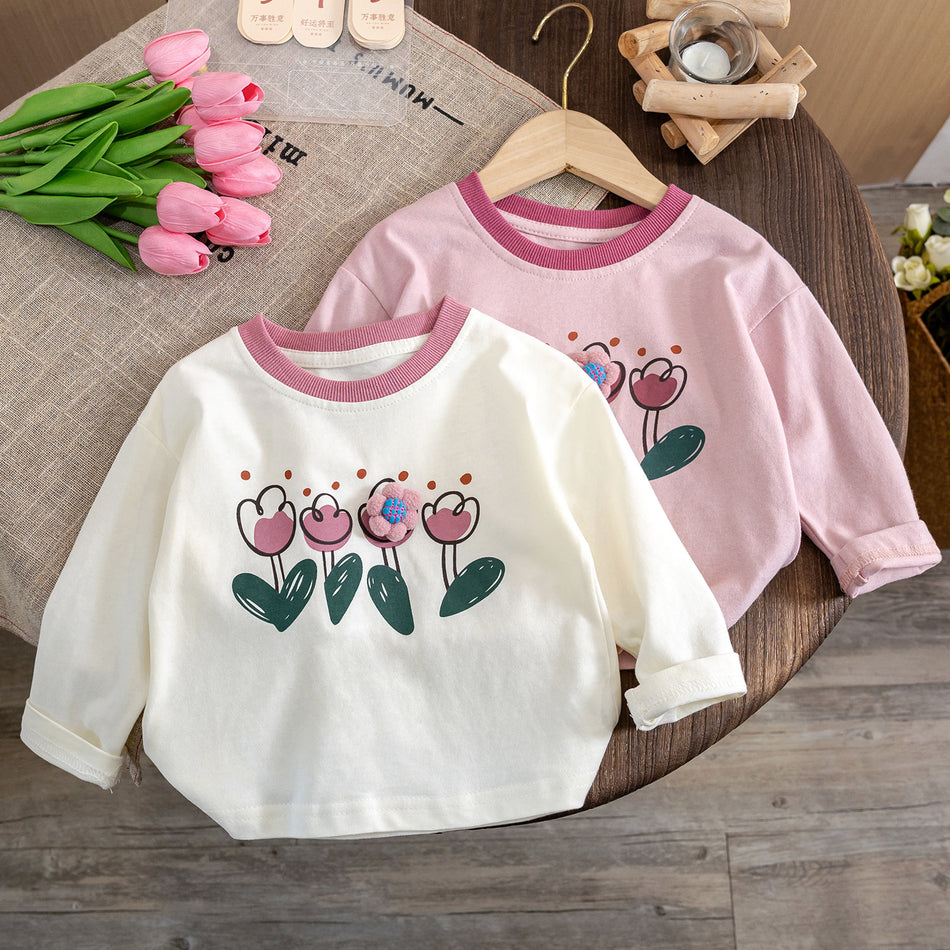 Girls Contrast Print Long Sleeve T-Shirt – Autumn Top