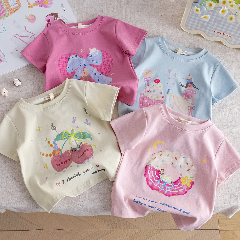 Girls Candy Color Cartoon T-Shirt – Cute Summer Wear