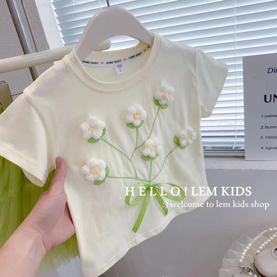 Girls 3D Flower Cotton T-Shirt – Cute Summer Top