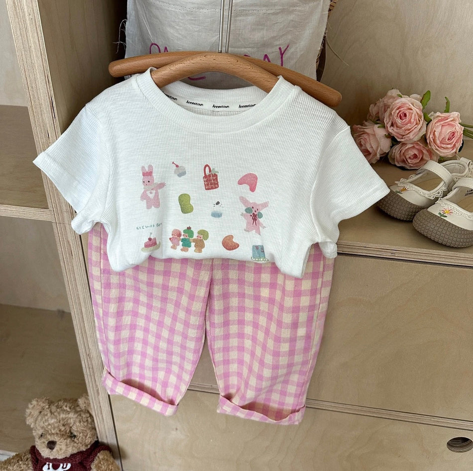 Girls Cartoon Plaid Pants Set – Cute Summer Outfit