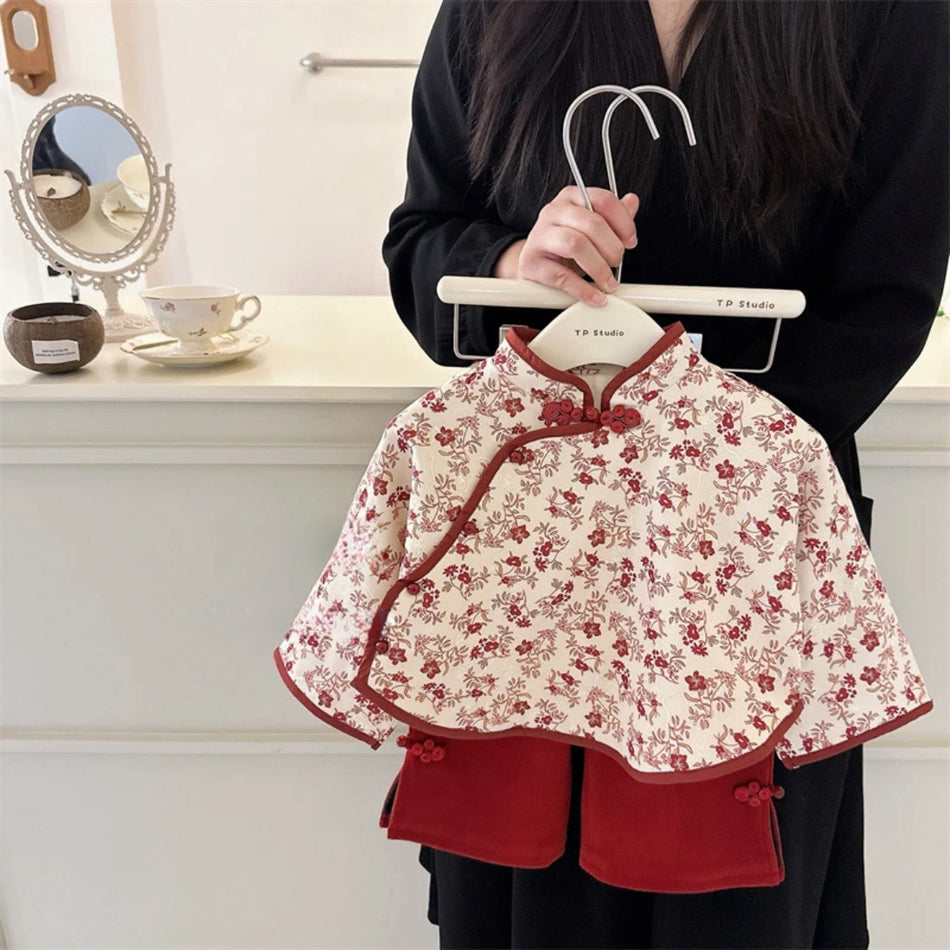 Girls Red Velvet Tang Suit – Festive Winter Outfit