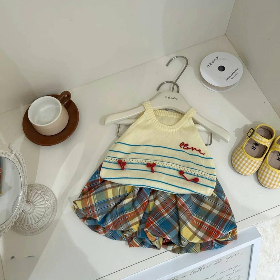 Girls Knitted Shirt & Plaid Pants Set – Korean Style Outfit