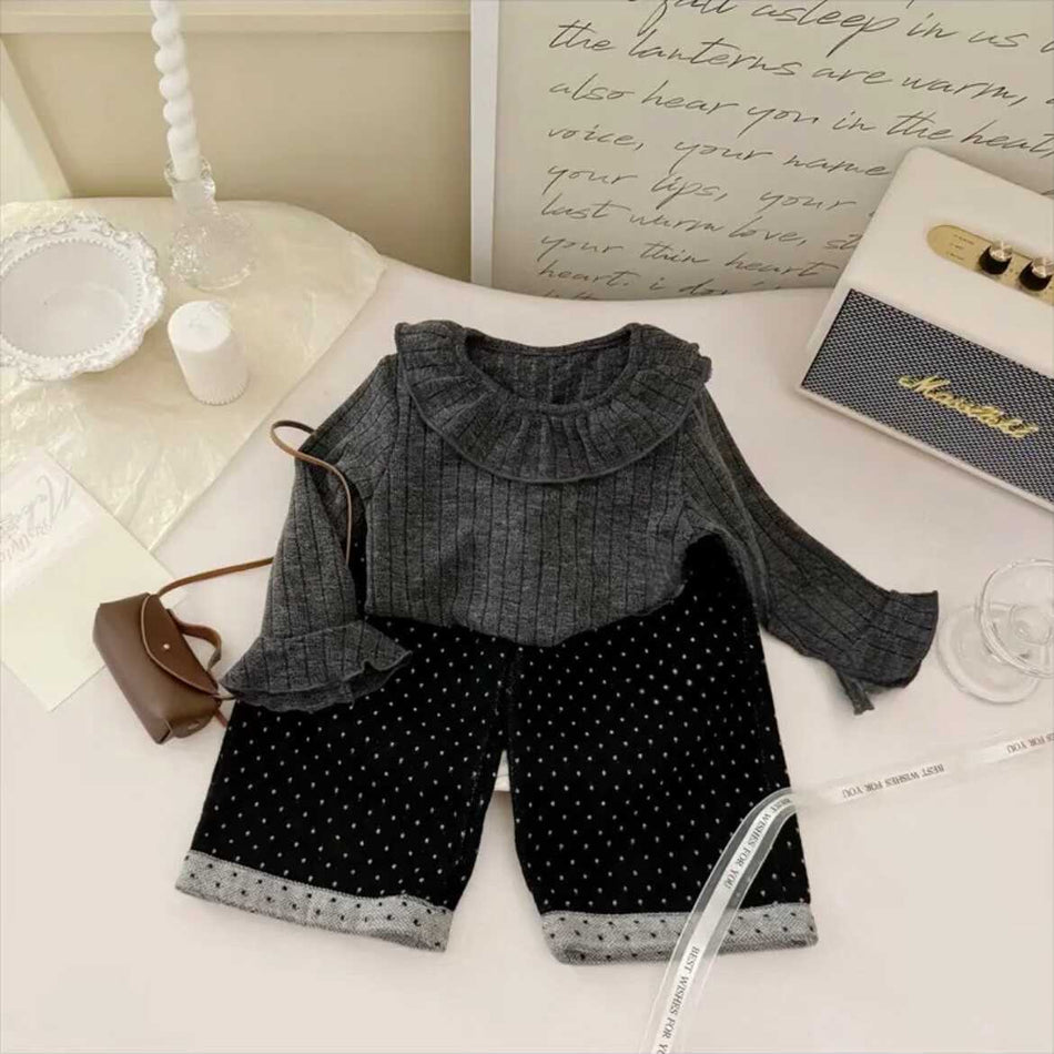 Girls Doll Collar & Wave Pants Set – Autumn Outfit