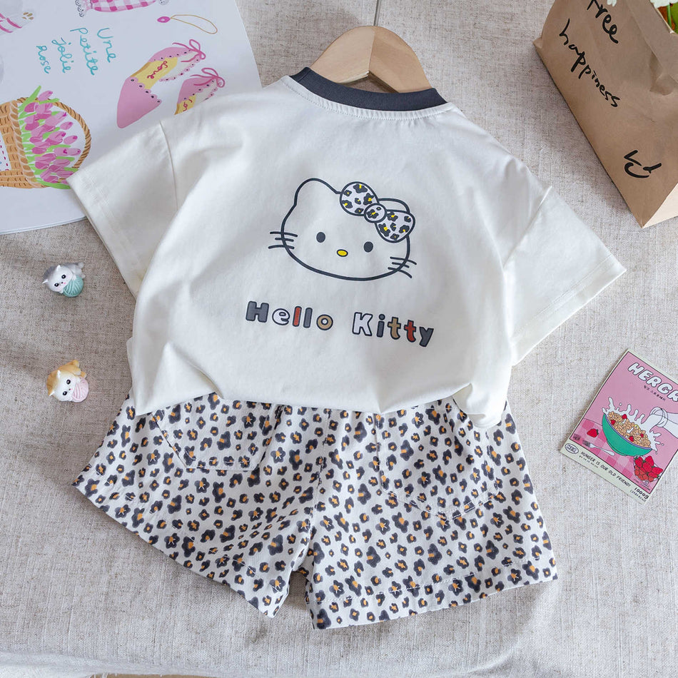 Girls Cat Print Top & Leopard Shorts – Summer Set