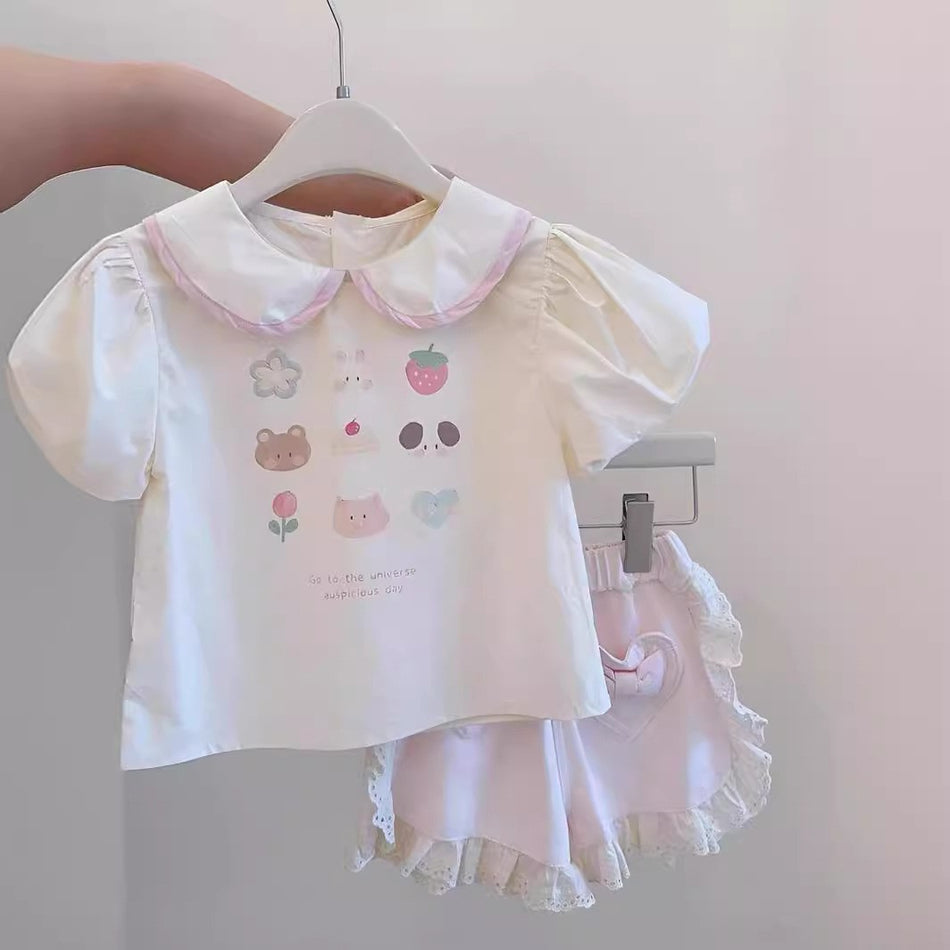 Girls Doll Collar Top & Shorts Set – Korean Summer Style