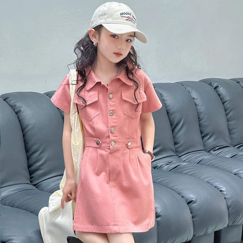 Girls A-Line Summer Dress Lapel Button Style