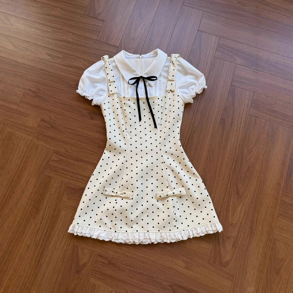 Girls Polka Dot Two Piece Bow Collar Dress Summer