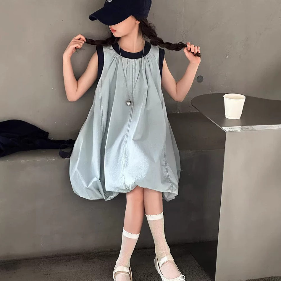 Girls Korean Contrast Color Flower Bud Dress Summer