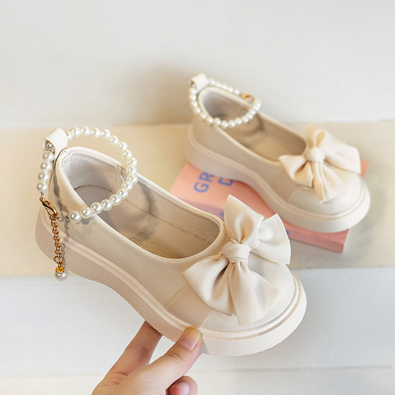 Girls’ Bow Pearl Leather Shoes – Spring Princess Flats