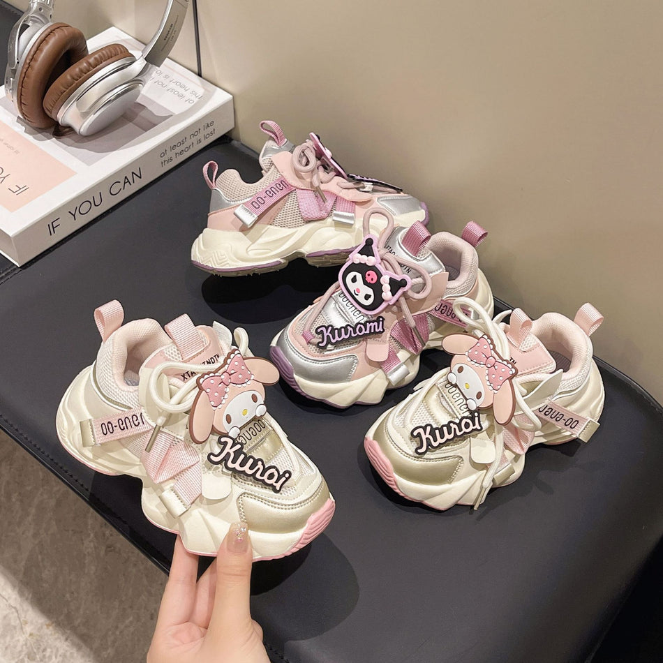 Girls’ Cartoon Dad Shoes – Flower Pink & Purple Sneakers