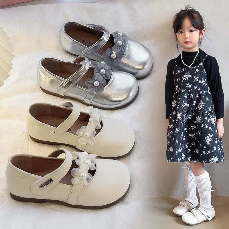 Girls’ Floral Princess Leather Shoes – Soft Sole Dance Flats